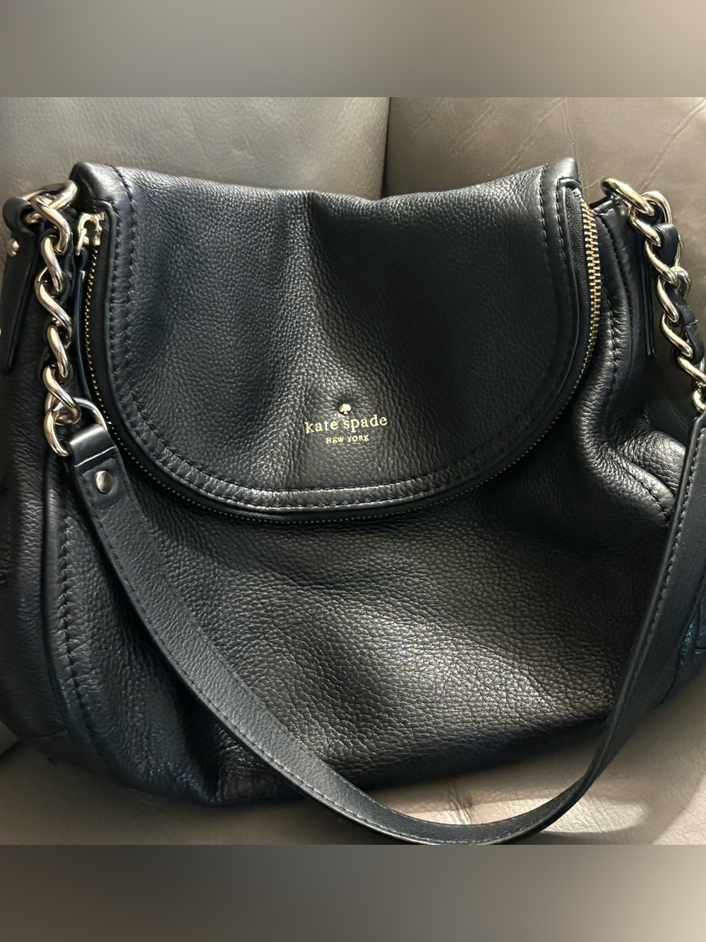 kate spade Black Pebbled Leather Shoulder Bag with Gold Logo